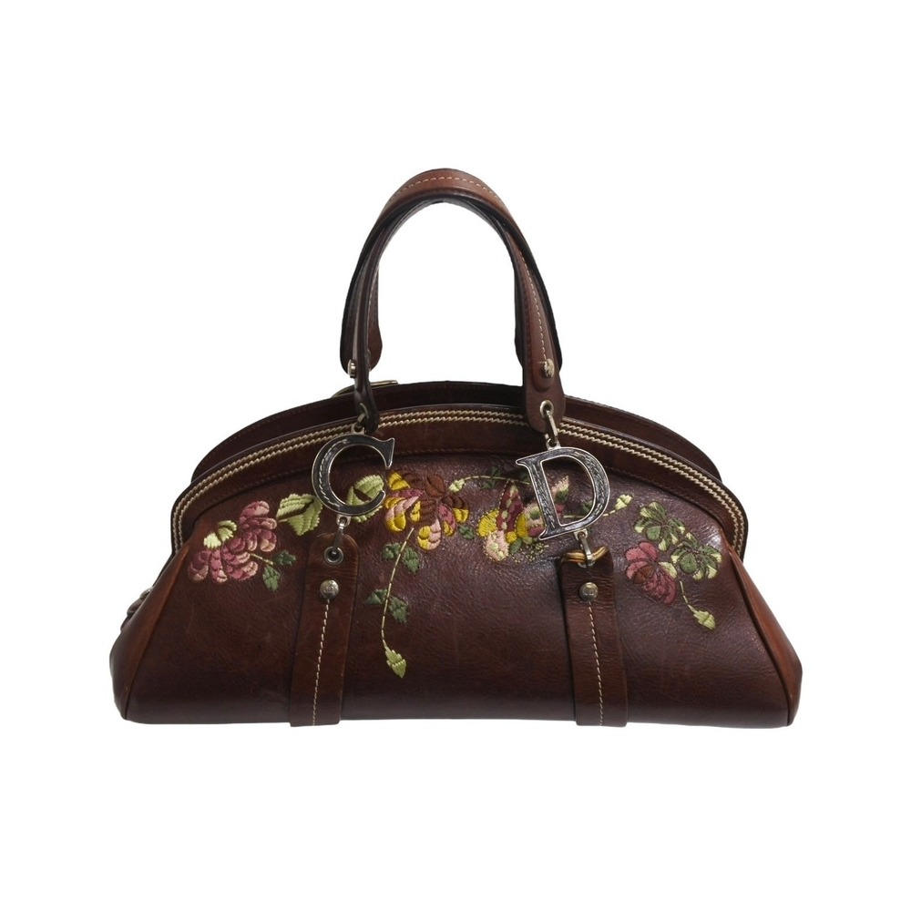Dior Brown Embroidery Christian Handbag Motif Floral Flower Logo - Picture 2 of 10